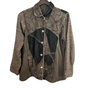 Elegant Tan Brown Denim Embroidered Pattern Patchwork Jacket Boho Rustic Sz L